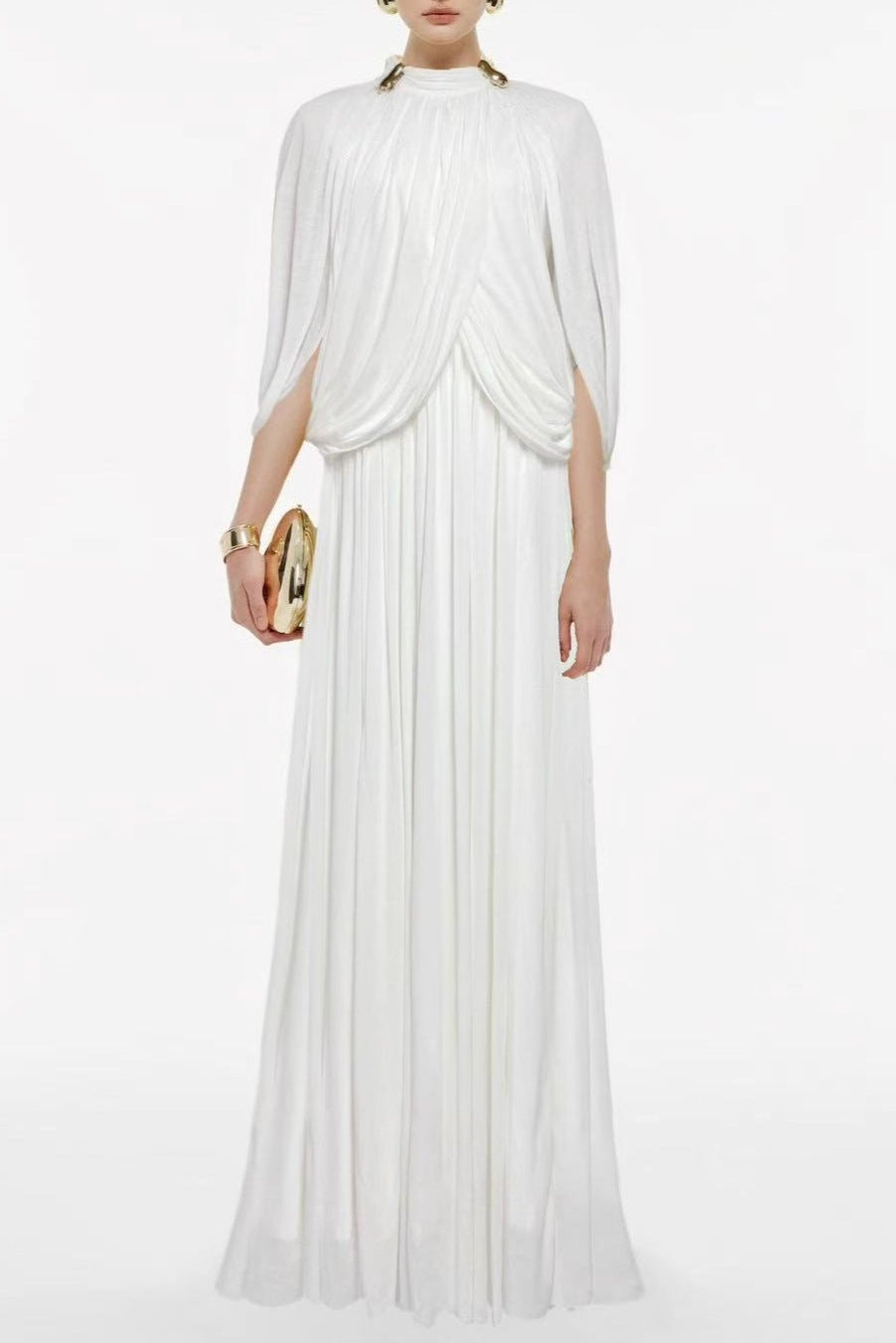 leona white Draped Cape Sleeve Knit Maxi Dress