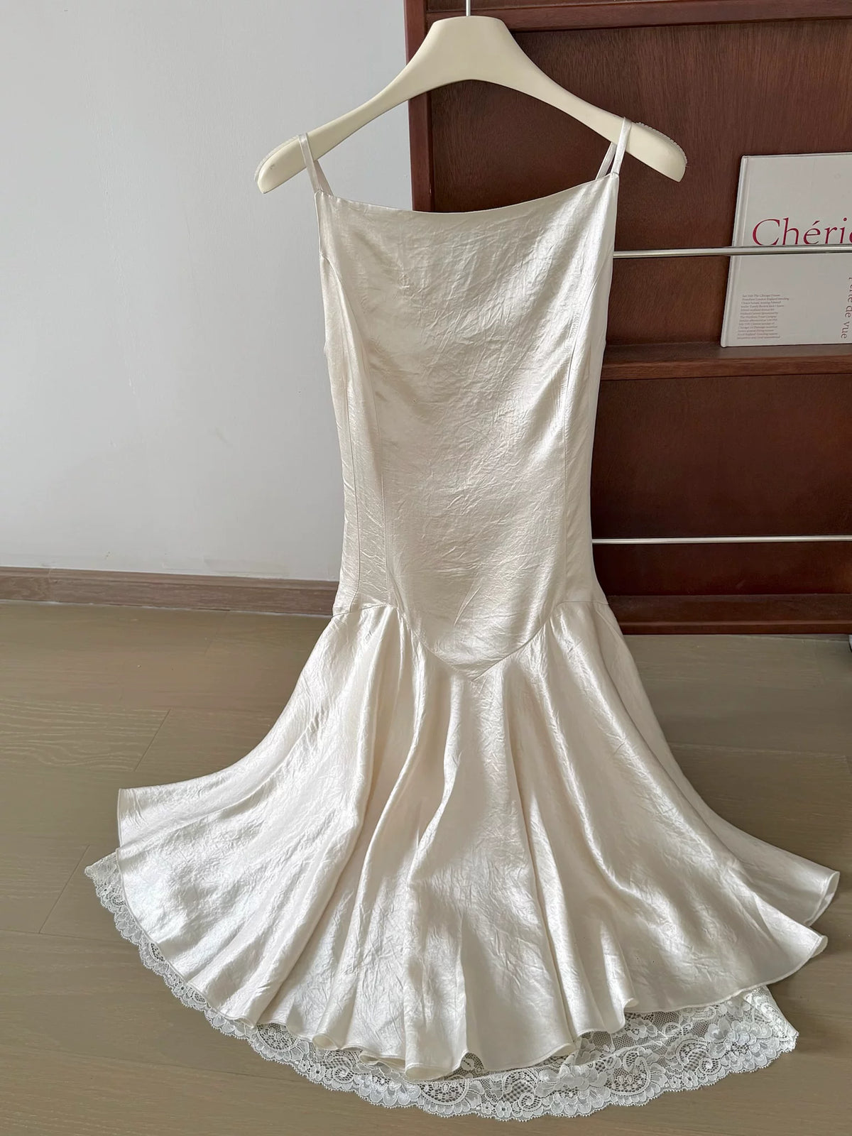 Ivory Spaghetti Strap Satin Lace Underlayer Hem Midi Slip Dress