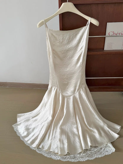 Ivory Spaghetti Strap Satin Lace Underlayer Hem Midi Slip Dress