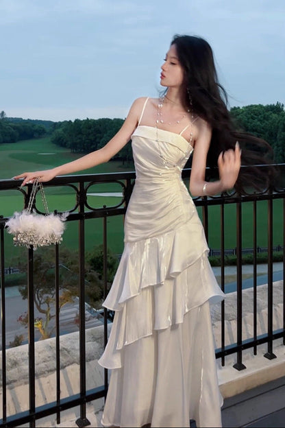 Side Ruched Tiered Ruffle Satin Spaghetti Strap Maxi Dress
