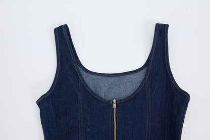 Dark Blue Denim Fit-and-Flare Midi Dress