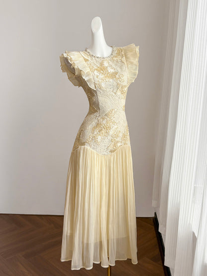 Cream Lace Floral Embroidered Maxi Dress with Ruffled Sleeves