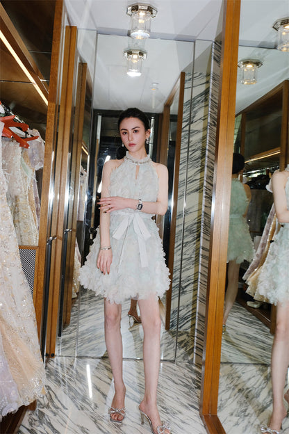 Pastel Green Ribbon Floral wedding guest bridal Dress