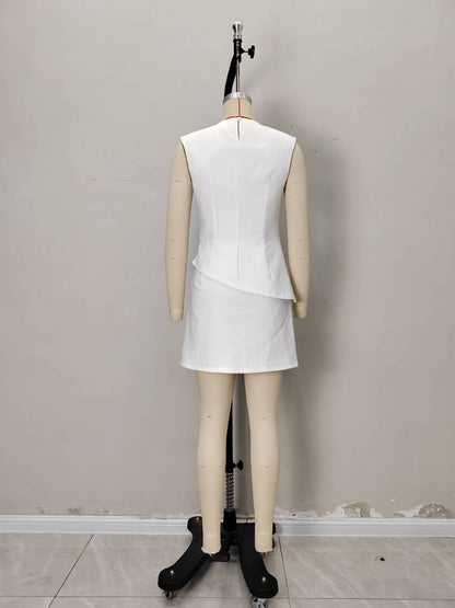 White Round Neck Sleeveless Metal Buckle Twist Wrap Split Mini Dress