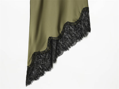 Olive Green Satin Asymmetrical Slip Dress with Black Lace Trim
