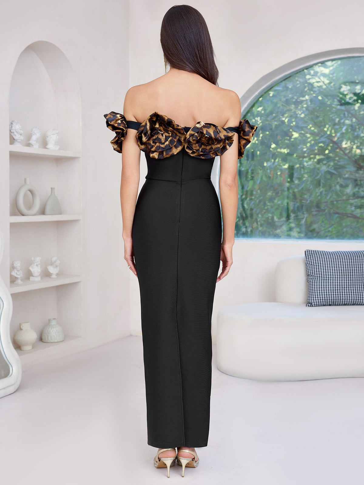 3d flower leopard pattern bandage maxi dress in black