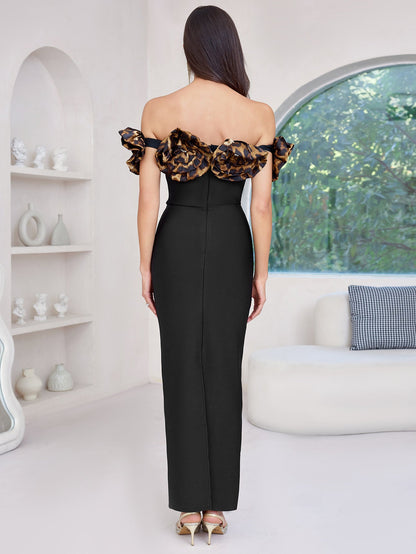 3d flower leopard pattern bandage maxi dress in black