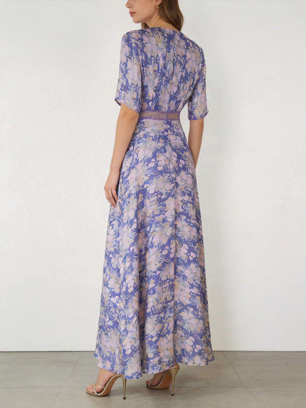 purple floral printed V-neck maxi dress