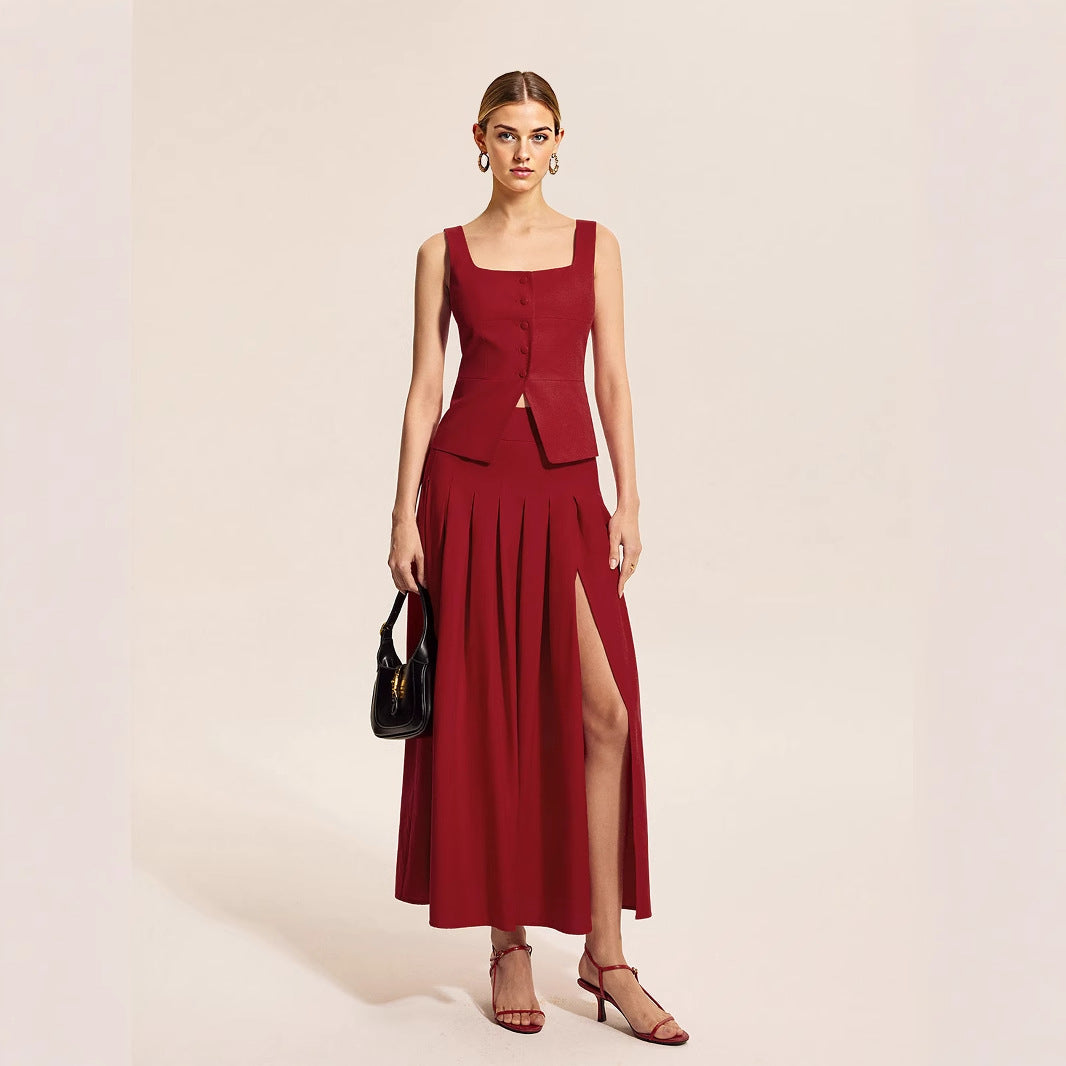 Burgundy Square Neck Sleeveless Button Vest &amp; Slit Pleated Midi Skirt Two-Piece Set