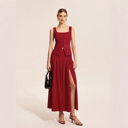 Burgundy Square Neck Sleeveless Button Vest &amp; Slit Pleated Midi Skirt Two-Piece Set