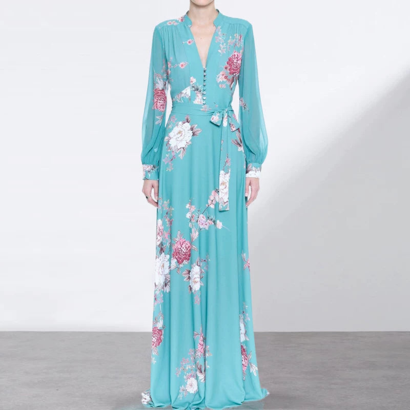 blue floral V neck long slveeve maxi dress