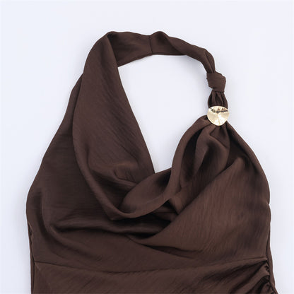 Chocolate Brown Textured Satin Sheath Dress