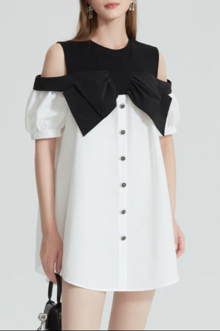 evelyn Off-shoulder contrast bow mini dress