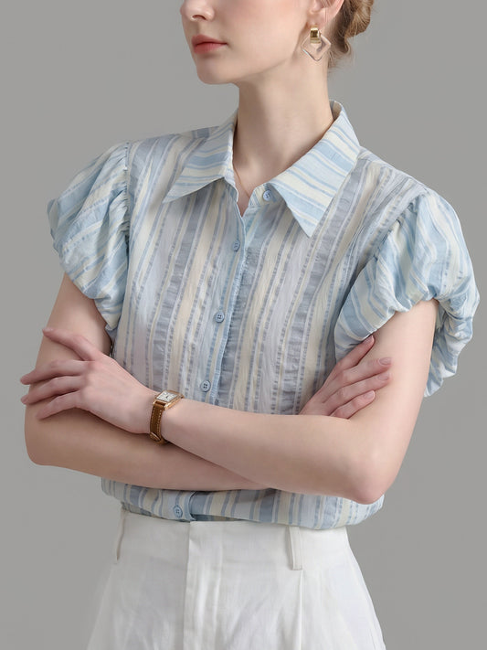 Vertical Stripe Puff Cap Sleeve Point Collar Shirt