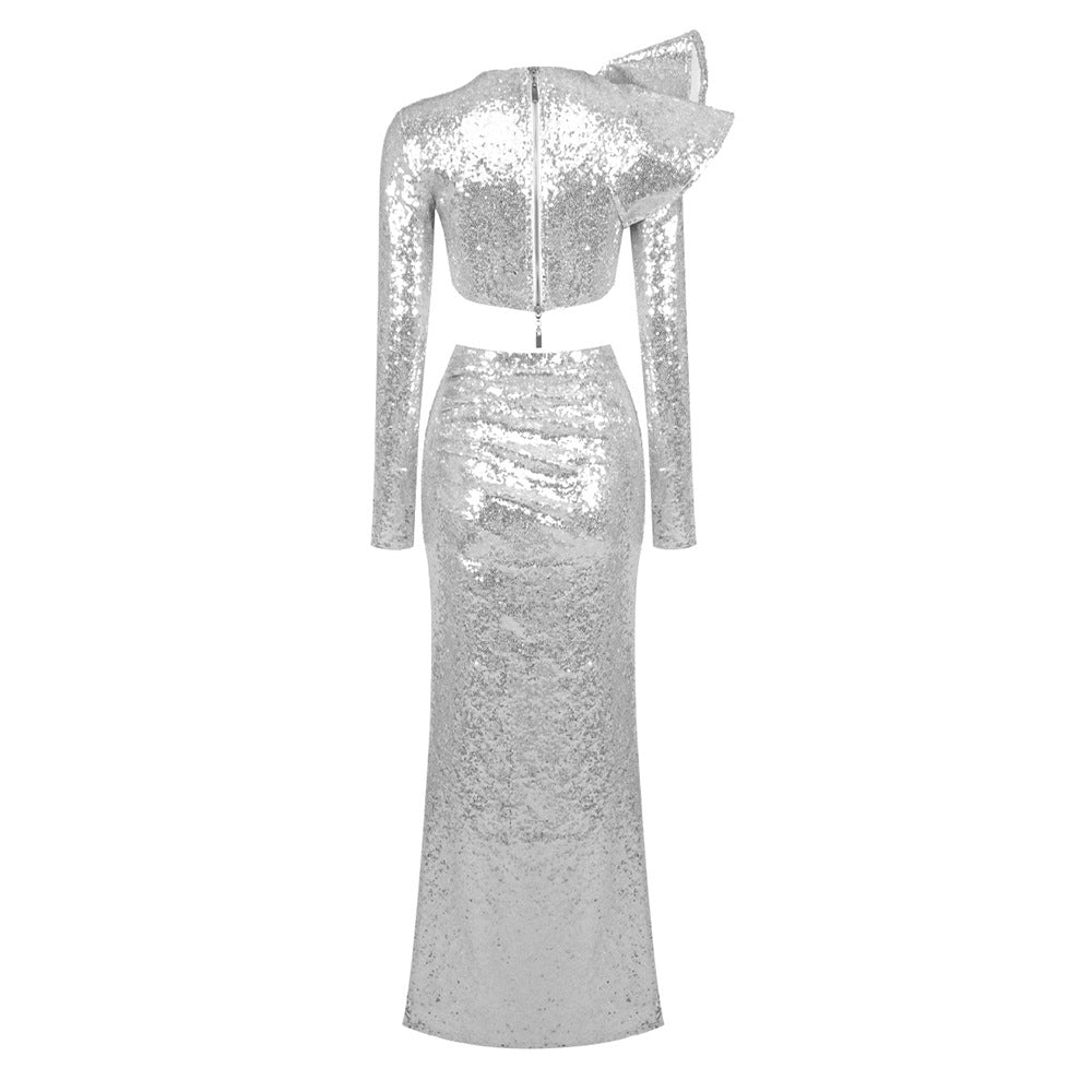 crop top drape skirt set in silver