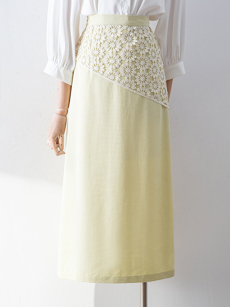 Diagonal Floral Lace Spliced High Waist Straight Midi Skirt