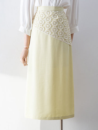 Diagonal Floral Lace Spliced High Waist Straight Midi Skirt