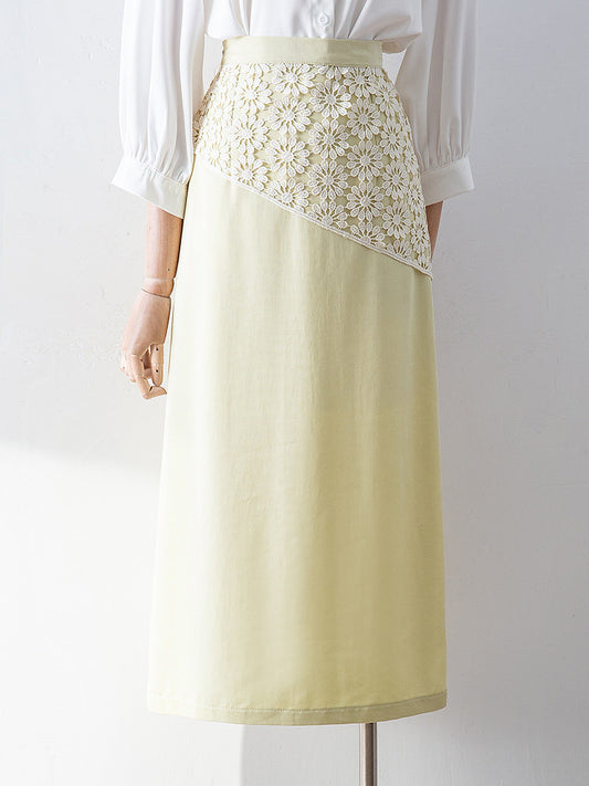 Diagonal Floral Lace Spliced High Waist Straight Midi Skirt