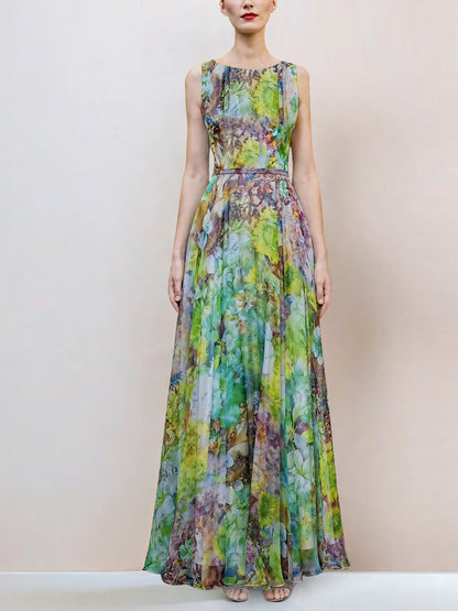 green flower sleeveless large swing maxi dress