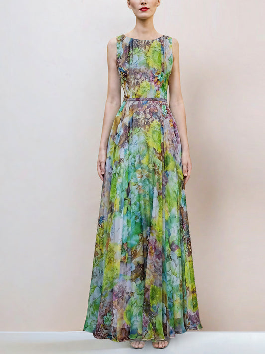 green flower sleeveless large swing maxi dress