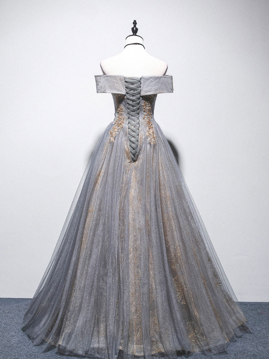 Gray blue tulle off shoulder lace dress