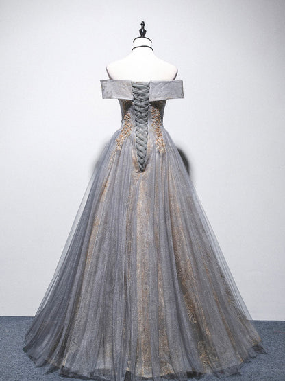 Gray blue tulle off shoulder lace dress