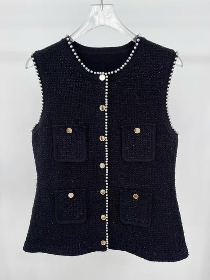 Jody Black Tweed Vest with Pearls embellished