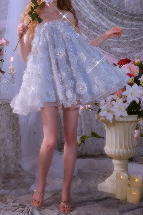 Tutu Light Blue Sleeveless Flower Diamond Short Doll Dress