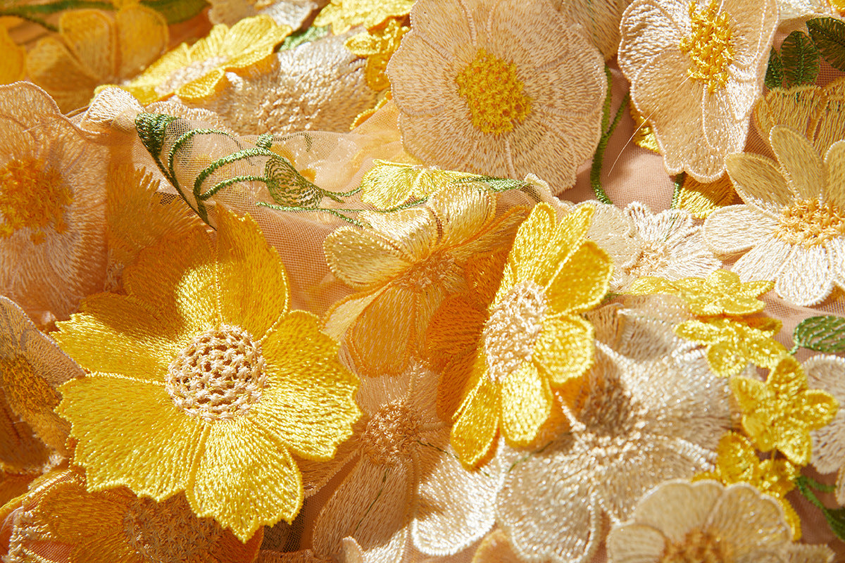 CAROL YELLOW FLORAL EMBROIDERY MESH LONG SLEEVE MIDI DRESS