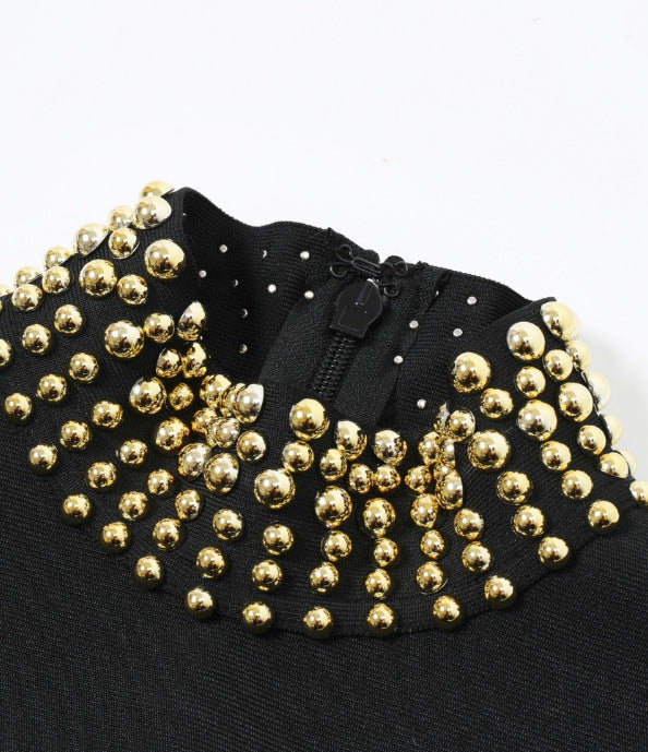 Black Heavyweight Stretch Knit Bodycon Dress with Gold Beaded Details