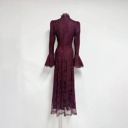 victoria Long lantern sleevelace-trim maxi dress - burgundy