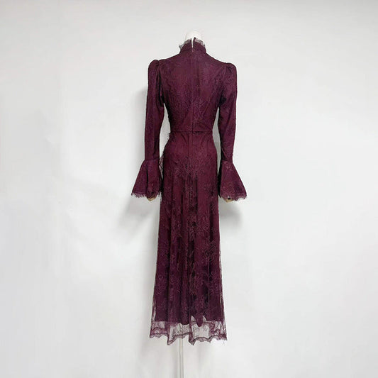 victoria Long lantern sleevelace-trim maxi dress - burgundy