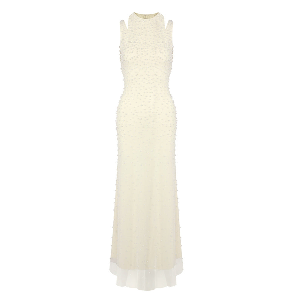 Pearl tassel off-shoulder fishtail maxi dress - yellow