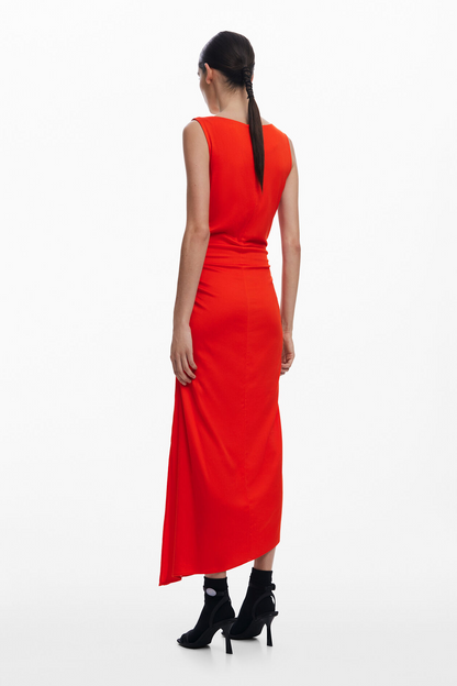 red sleeveless floral print with a ruched waist midi dress