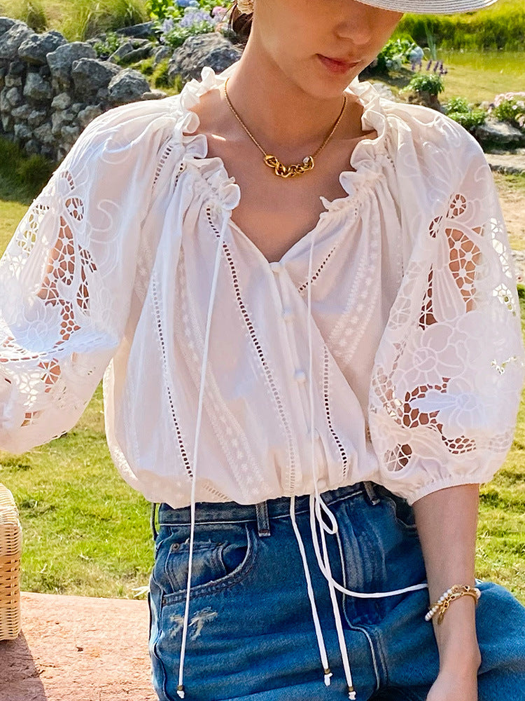 White Eyelet Lace Tiered Maxi Dress with Puff Sleeves