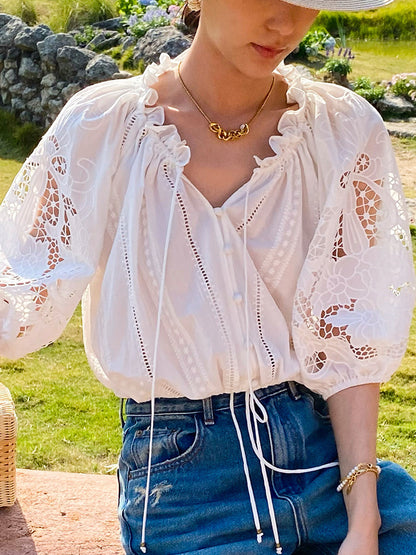 White Eyelet Lace Tiered Maxi Dress with Puff Sleeves
