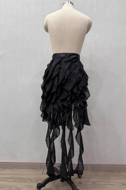 Multi-Layer Cascading Ruffle Asymmetric Streamer Chiffon Skirt