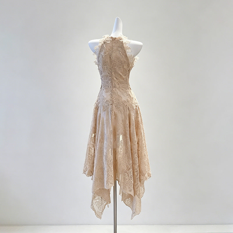 Beige Peach Floral Lace A-Line Midi Dress