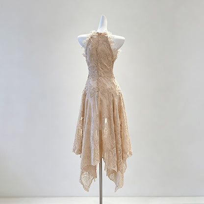 Beige Peach Floral Lace A-Line Midi Dress
