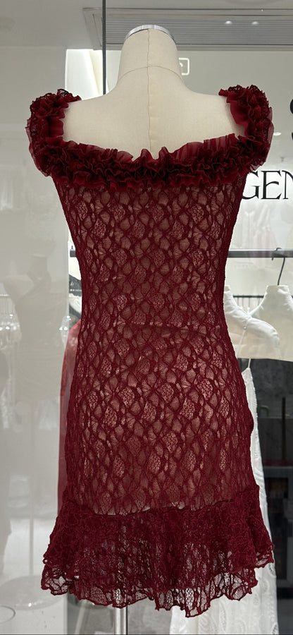 jenny Ruffle Flower Lace strapless Mini Dress