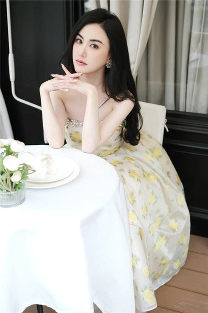 Lemon Yellow Strapless Long Cocktail Dress-Butter Cup