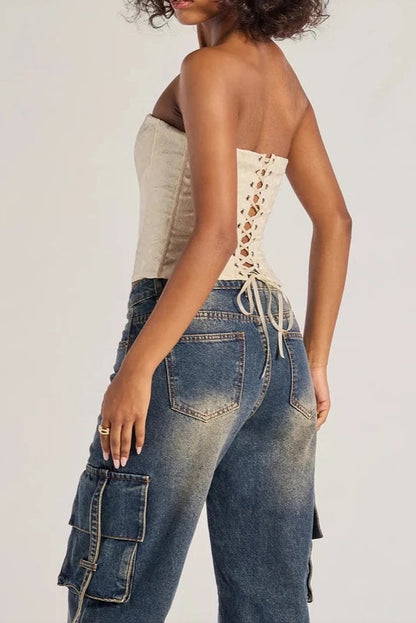 Brocade Satin Strapless Corset Top in white
