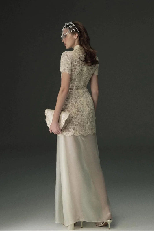 Beige Lace Overlay Collared Maxi Dress with Organza Skirt