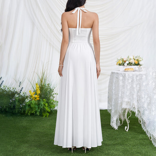 Halter Twist Bust Flowy Chiffon Wedding Maxi Dress