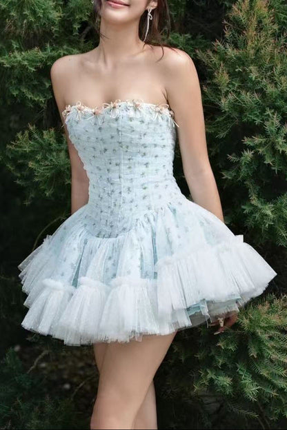 irene floral print strapless tulle mini dress in blue
