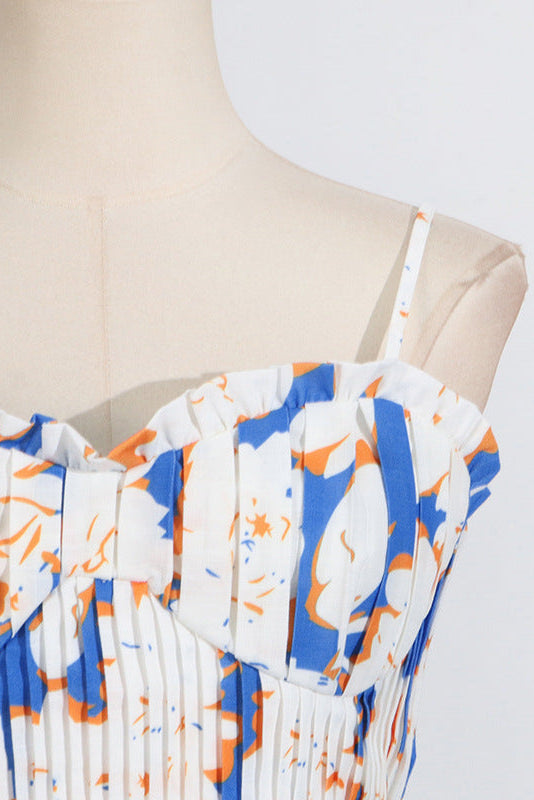 Pleated floral-print linen bustier top skirt set in blue