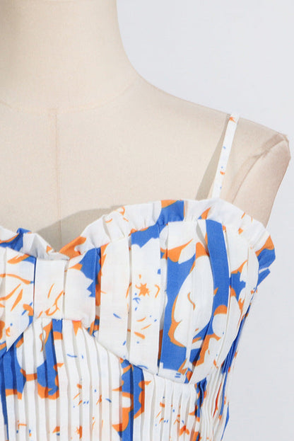 Pleated floral-print linen bustier top skirt set in blue