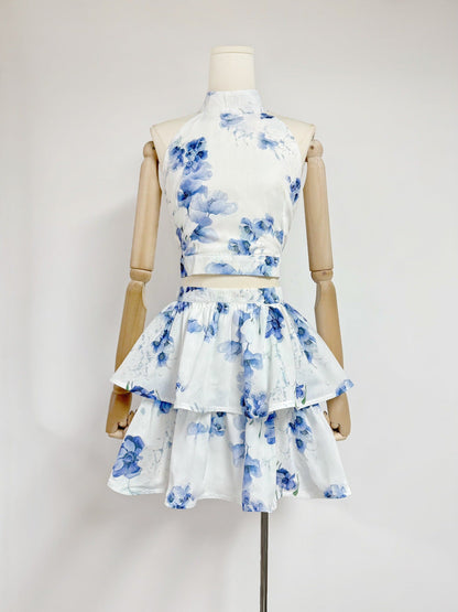 jessica printed backless halter top skirt set in blue