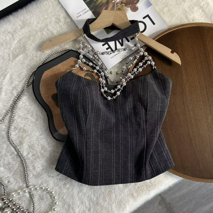 Dark Grey Pinstripe Corset-Style Halter Top