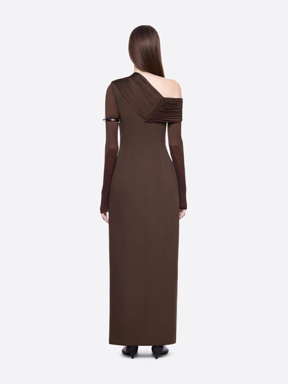 maud One-shoulder pleated high-slit maxi dress - brown